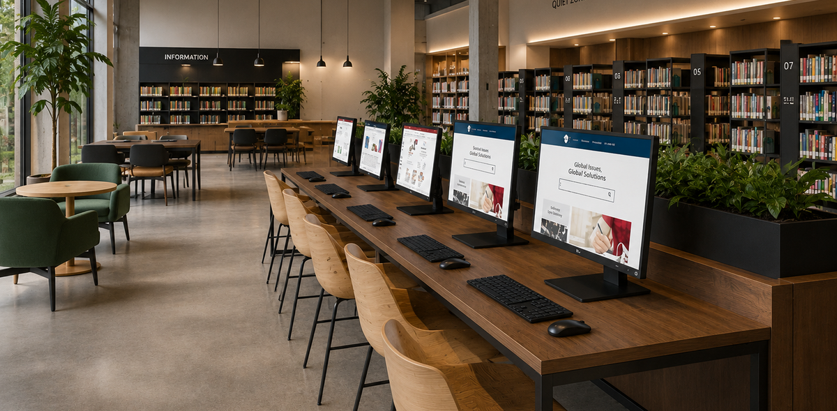 LG monitors in a modern library workspace