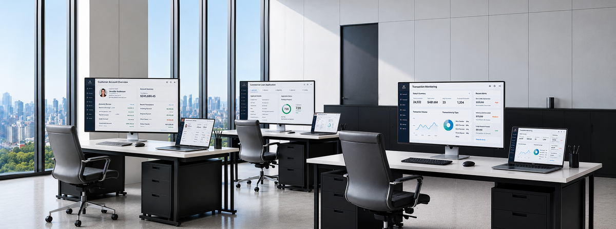 Office workstations with LG monitors and laptops displaying banking dashboards