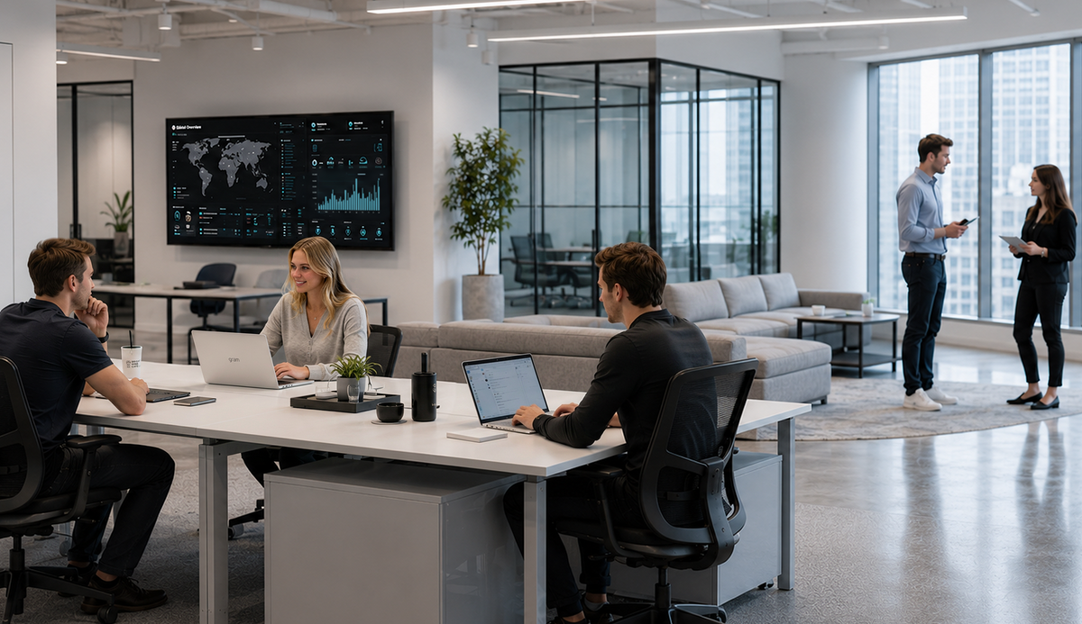Employees collaborating in an enterprise office workspace, with employees using LG laptops