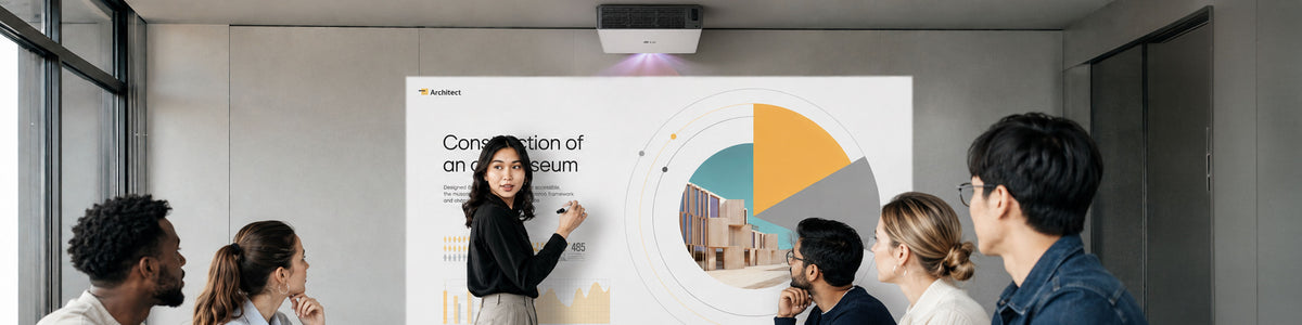 In a bright meeting room, a woman holds a marker and presents to a group of attendees in front of a presentation projected by a ceiling-mounted LG projector.