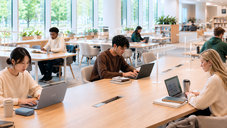 Students studying with laptops in an education space