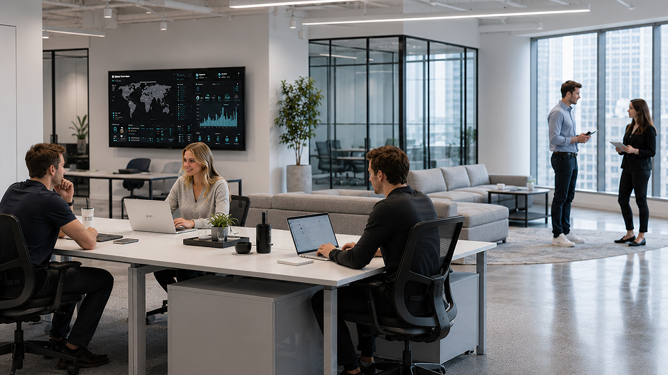 Employees collaborating in an enterprise office workspace, with employees using LG laptops