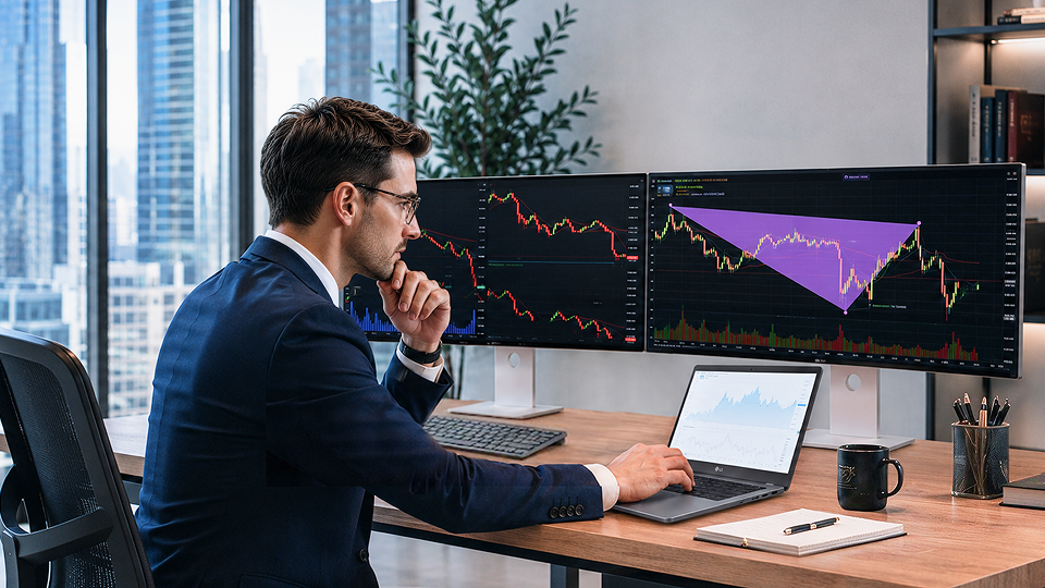 Person using multiple LG monitors for financial trading at a desk