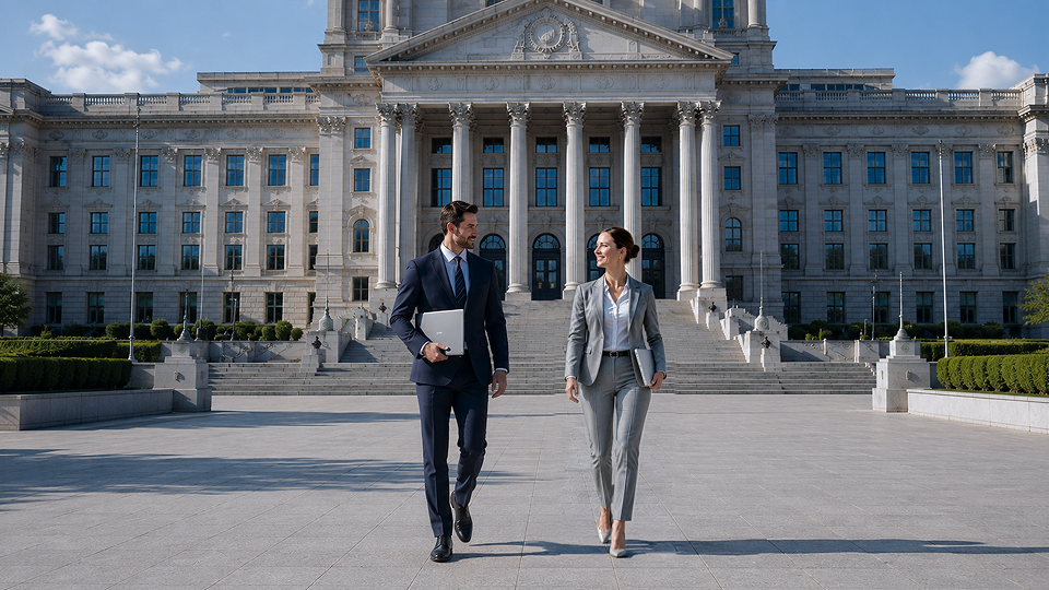 Government building exterior with people walking in front carrying LG laptops