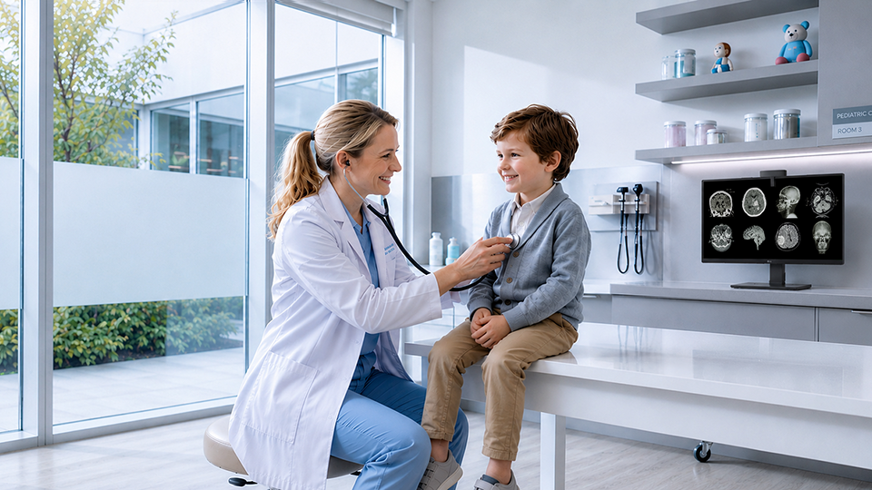 Doctor examining a child in a medical teleradiology setting with LG Medical Displays behind the child