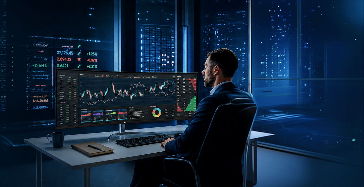 Man analyzing financial market data on an LG monitor in a trading environment