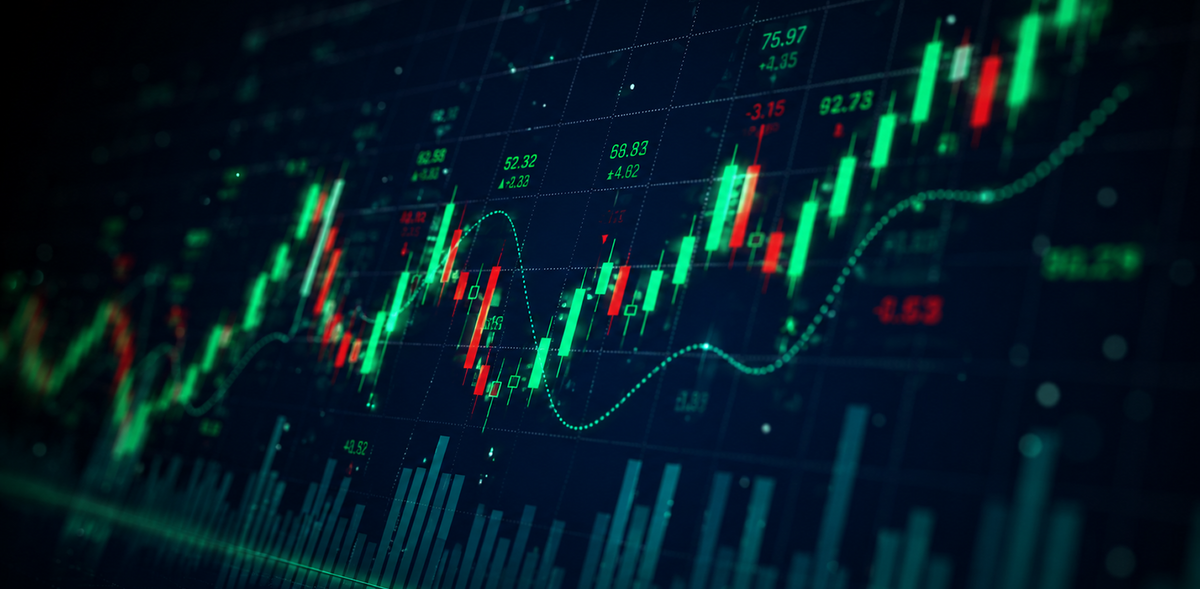 Close-up of an LG monitor displaying a stock market candlestick chart with rising green and red bars and trading data