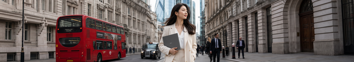 A businesswoman in a suit walking a London street while carrying an LG gram laptop, with a double-decker bus and buildings in the background; Laptops tab selected in the product menu below