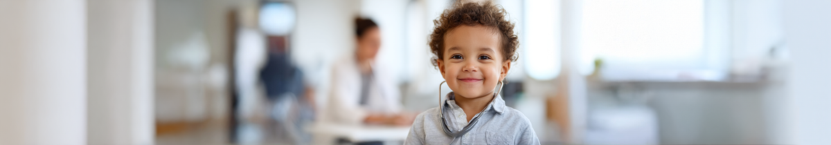 A smiling young child wearing a stethoscope, with a blurred medical clinic scene in the background; LG Medical Displays tab selected in the product menu below