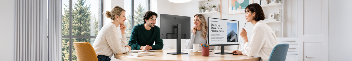 Four colleagues chatting across a conference table with two LG monitors between them; Monitors tab selected in the product menu below