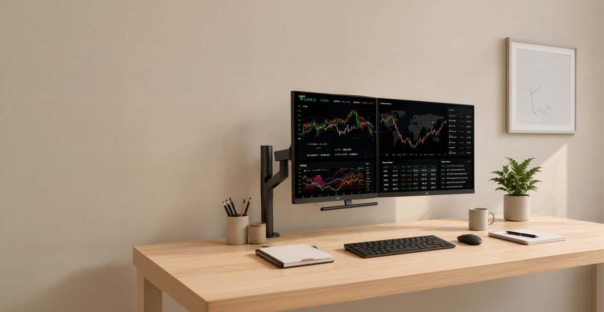 LG monitor displaying financial trading charts and market data on a desk