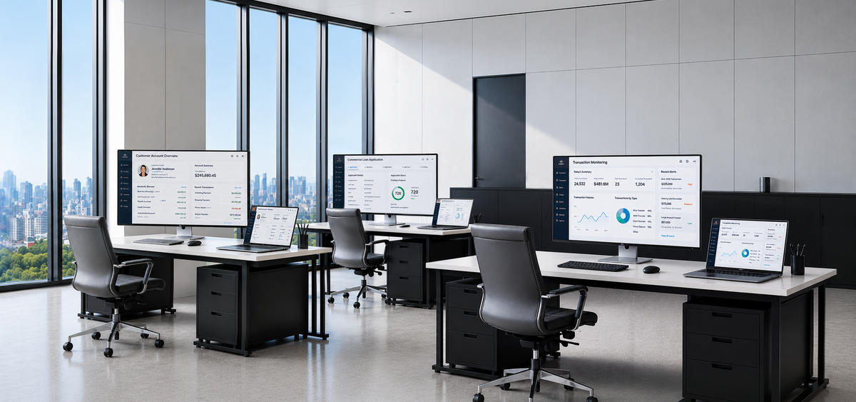 Office workstations with LG monitors and laptops displaying banking dashboards