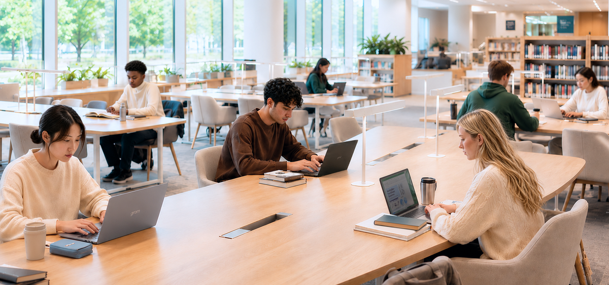 Students studying with LG laptops in an education space