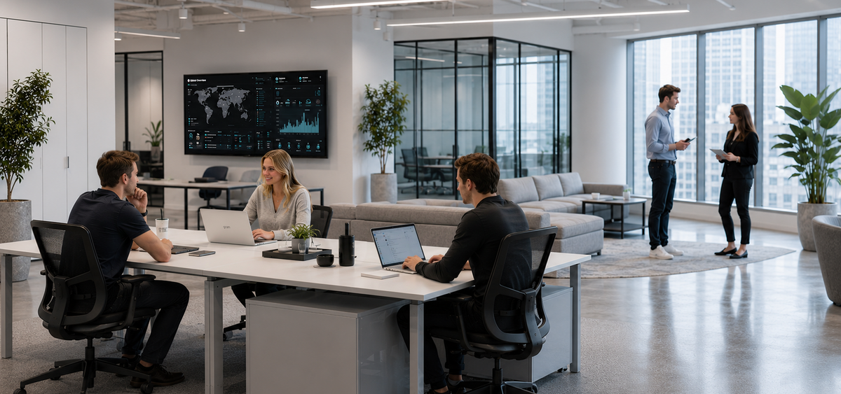 Employees collaborating in an enterprise office workspace, with employees using LG laptops