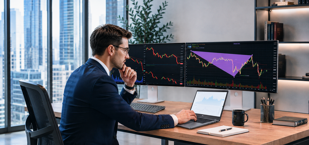 Person using multiple LG monitors for financial trading at a desk