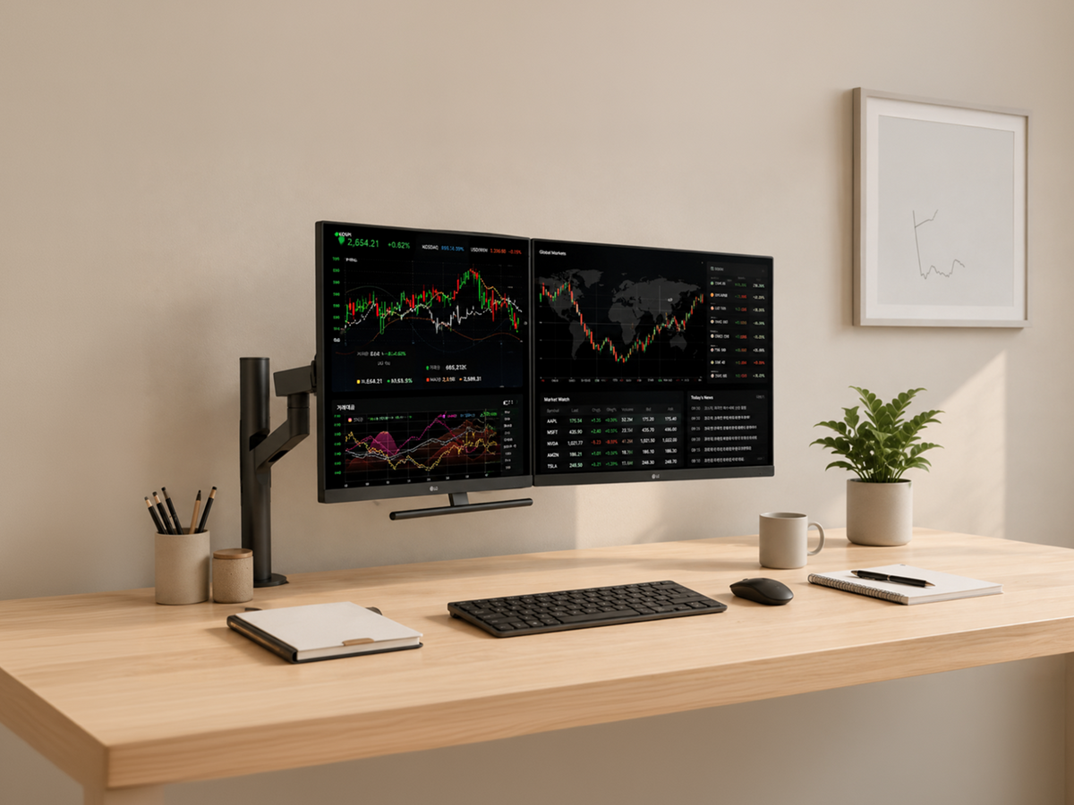Finance case study section, LG 23-inch Dual Monitor & LG 27-inch UHD Monitor for Terminal Devices