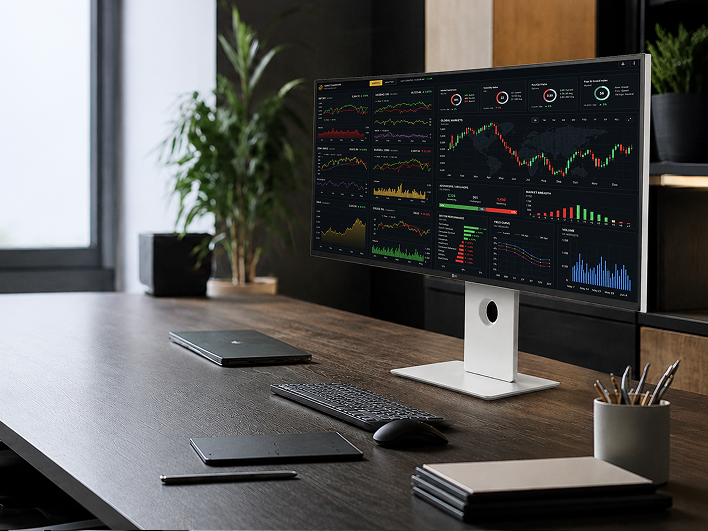 Finance case study section, Financial Multitasking redefined with Next-Gen 5K2K LG Monitors
