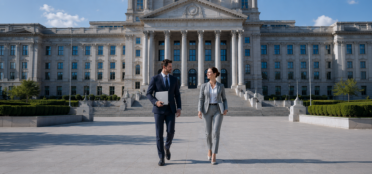 Government building exterior with people walking in front carrying LG laptops