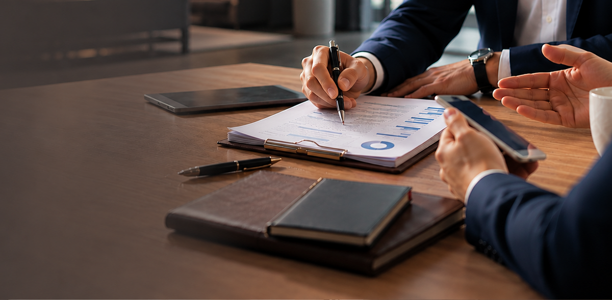 Close-up of business people reviewing a document with charts on a desk with a tablet and phone