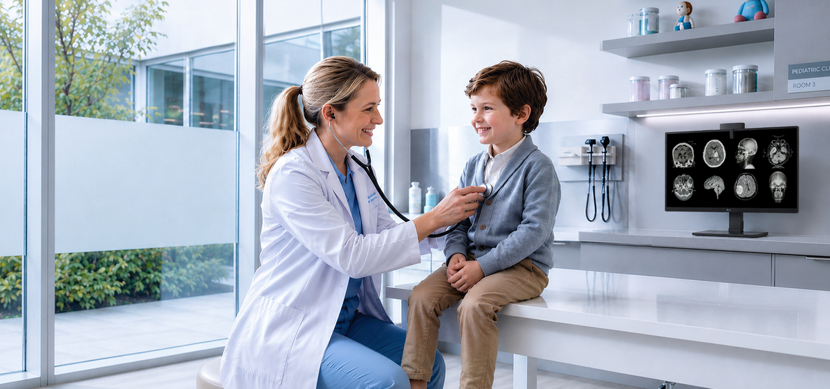 Doctor examining a child in a medical teleradiology setting with LG Medical Displays behind the child
