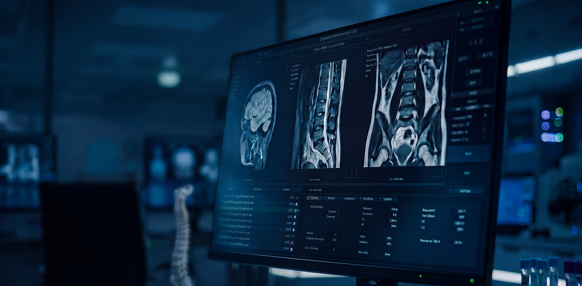 LG Medical Displays displaying brain and spine MRI scan images in a healthcare setting