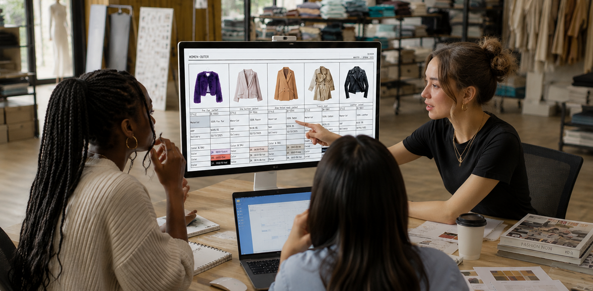 Fashion team collaborating around an LG monitor displaying product and design information, with an LG laptop on the desk