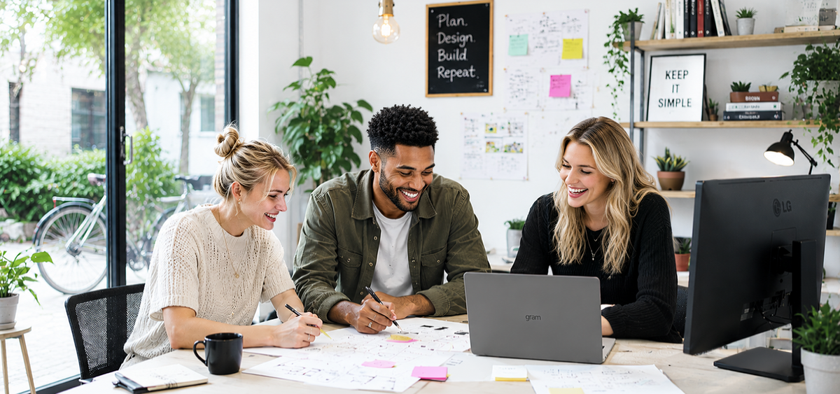 Team meeting with LG laptops in an SMB office workspace