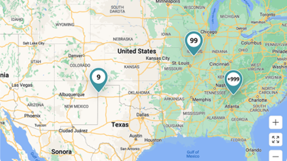 A US map view on a dashboard displaying location pins with numbers indicating device counts across different regions.