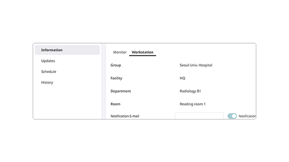 A software UI panel showing workstation details and email notification settings for automated reporting.   