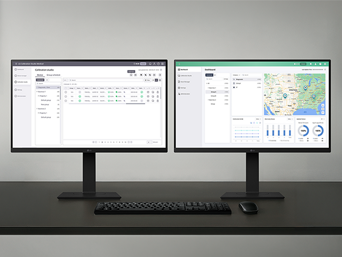 Two monitors on a desk displaying medical calibration software, showing a data table on the left screen and a map dashboard on the right.