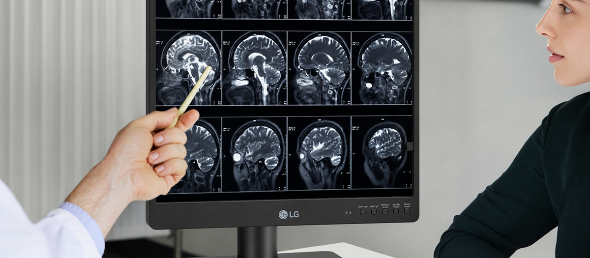 A doctor uses a pointer to indicate a brain MRI scan on a computer monitor.