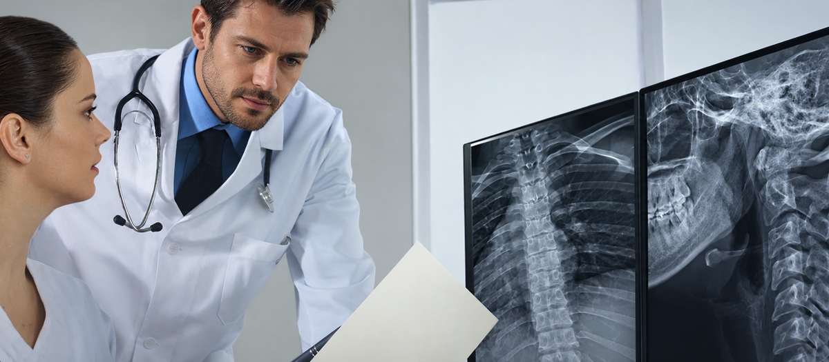 A male doctor in a white coat with a stethoscope examines medical X-ray scans on dual monitors alongside a colleague.