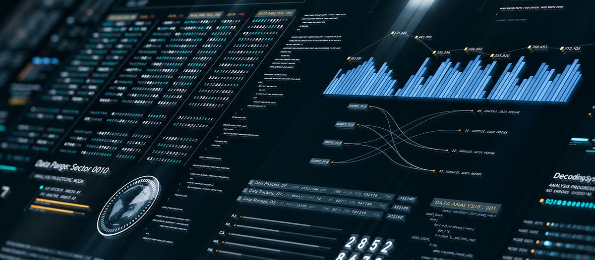 A digital dashboard displaying futuristic data analytics with glowing blue bar graphs, data nodes, and technical logs.