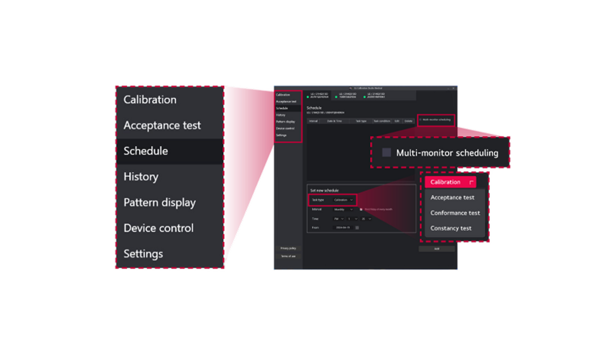 Interface screenshot of LG Calibration Studio Medical with callouts highlighting schedule menu options and multi-monitor settings.