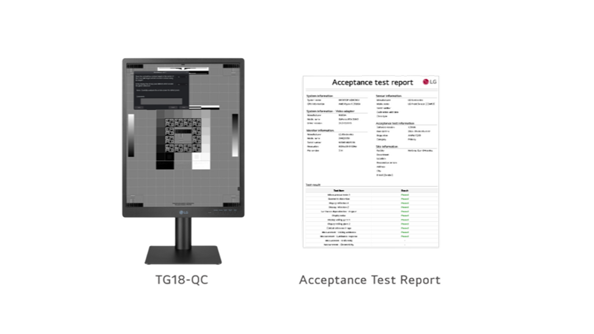 An image showing a TG18-QC test pattern on a portrait monitor and an Acceptance Test Report.