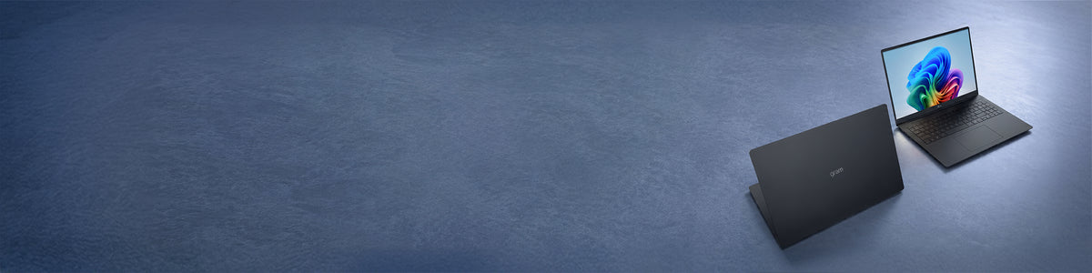 Two black LG gram 17Z90UR laptops shown from open and closed angles on a textured blue background.