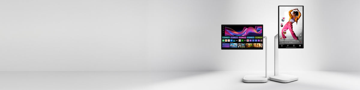 LG Smart Monitor Swing 32U889SA displayed in both landscape mode showing a media dashboard and vertical portrait mode showing social video content.