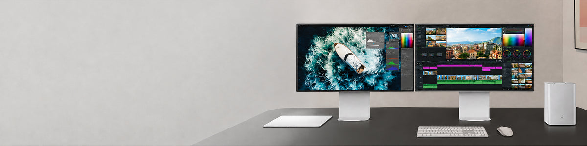 Two dual LG UltraFine evo 40WT95UF monitors on a desk displaying photo editing and video editing software.