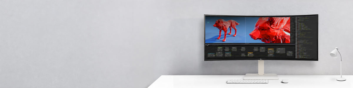 LG UltraWide 38BR85QC curved monitor displaying 3D modeling and code editor programs on a white desk.