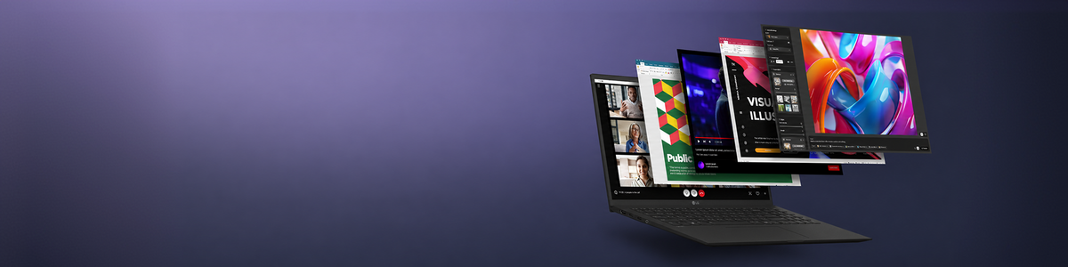 A black laptop displaying multiple overlapping application windows floating outwards from the screen in a layered effect.