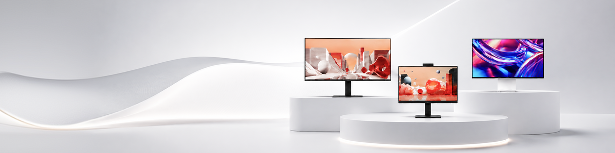 Three LG monitors—34BA75QB, 24BA850, and 32BU950a—showcasing vibrant graphics on a desk with a city view.