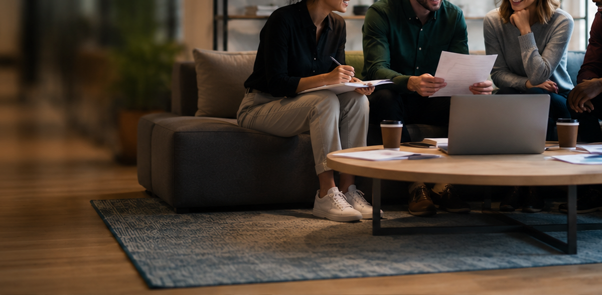 Team meeting with LG laptops in an SMB office workspace