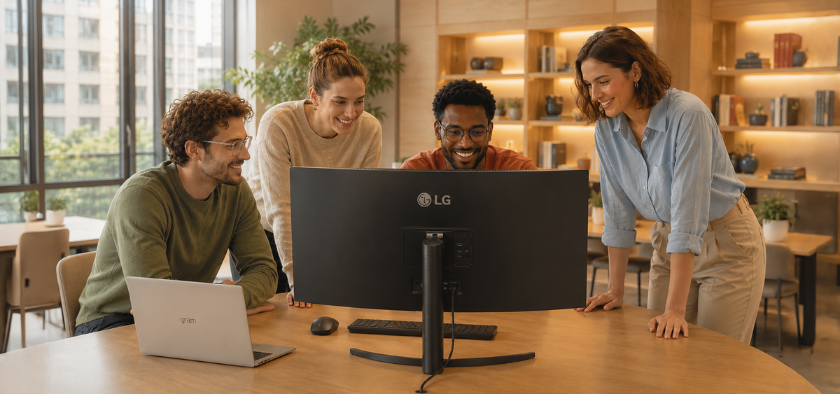 Team collaborating around an LG monitor in an office, Why LG Monitors PCs page