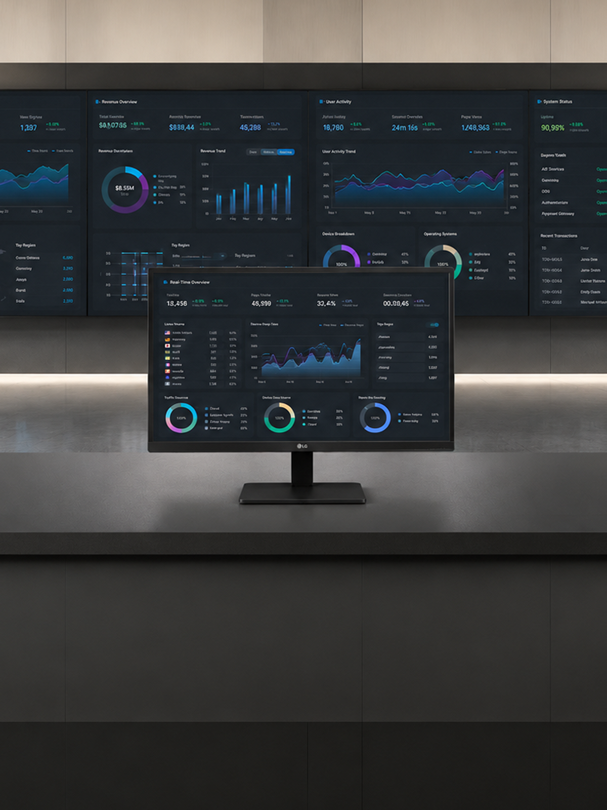 LG monitor displaying a business data dashboard